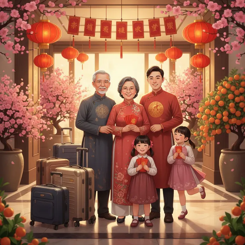 Gia đình nhiều thế hệ với hành lý và bao lì xì, ở sảnh khách sạn rực sắc hoa và không khí Tết.