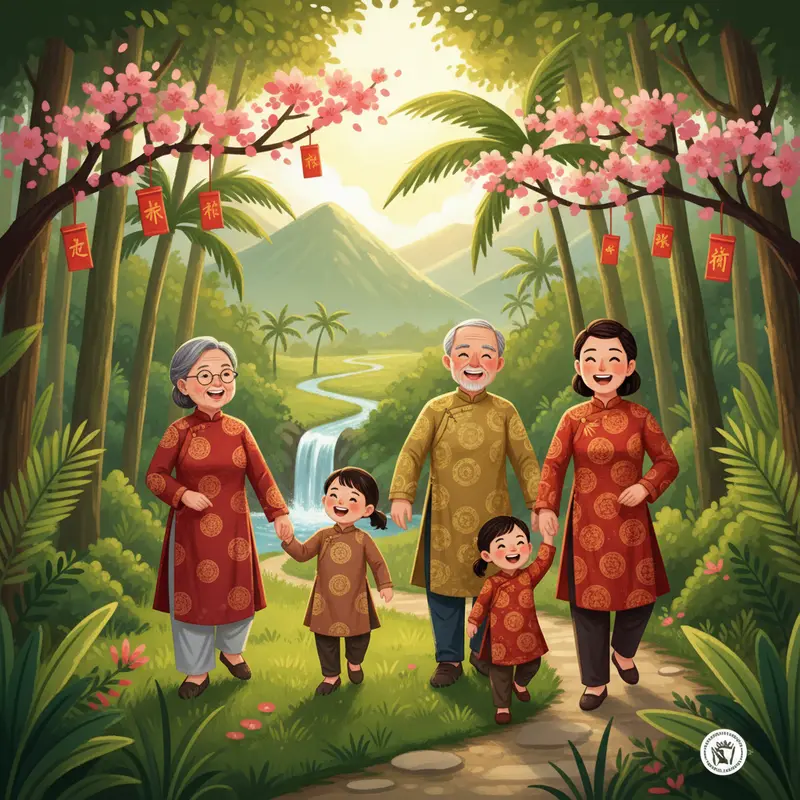 Gia đình cùng chia sẻ khoảnh khắc du lịch Tết bên thiên nhiên.