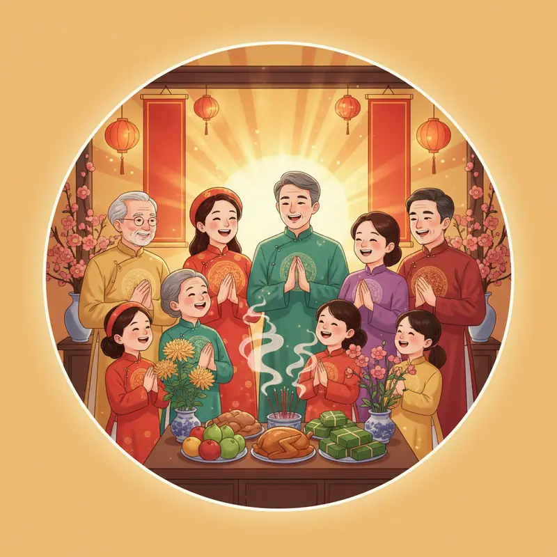 Bàn thờ cúng Ông Táo, đầy đủ lễ vật truyền thống và cá chép.