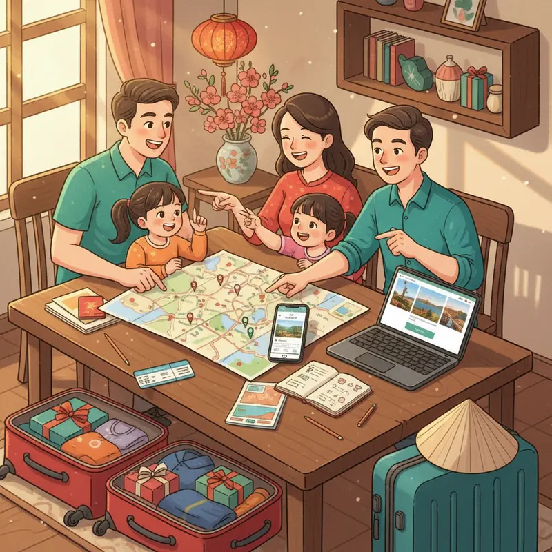 Gia đình hào hứng cùng nhau lên kế hoạch du lịch tự túc dịp Tết.