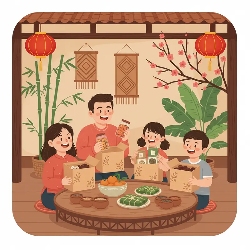 Giỏ quà Tết hữu cơ với các sản phẩm tự nhiên, đóng gói thân thiện môi trường.