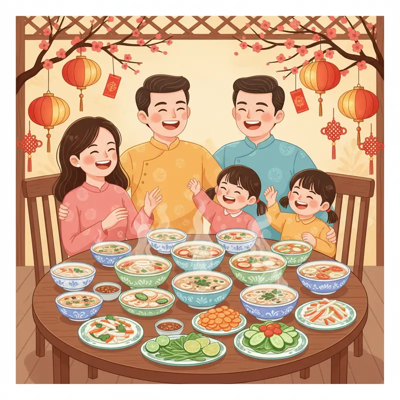 Cảnh gia đình sum họp bên mâm cỗ Tết, cùng thưởng thức canh và món ăn kèm giải ngán.