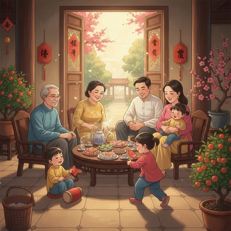 Phòng khách sạch sẽ và tươm tất ngày đầu năm, không có các dụng cụ quét dọn.