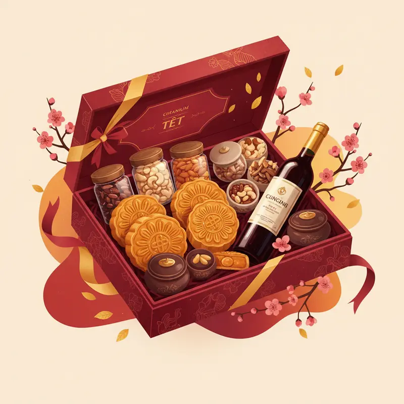 Gia đình cùng trao tặng hộp quà Tết truyền thống, thể hiện sự sum họp và kính trọng.