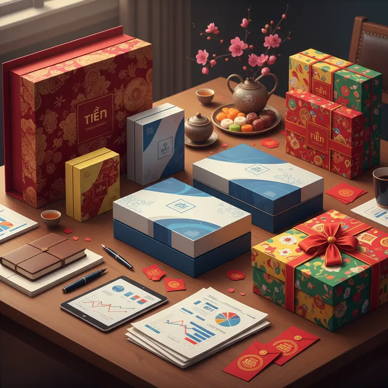 Không gian văn phòng hiện đại với các cấp bậc nhân viên nhận hộp quà Tết đa dạng.