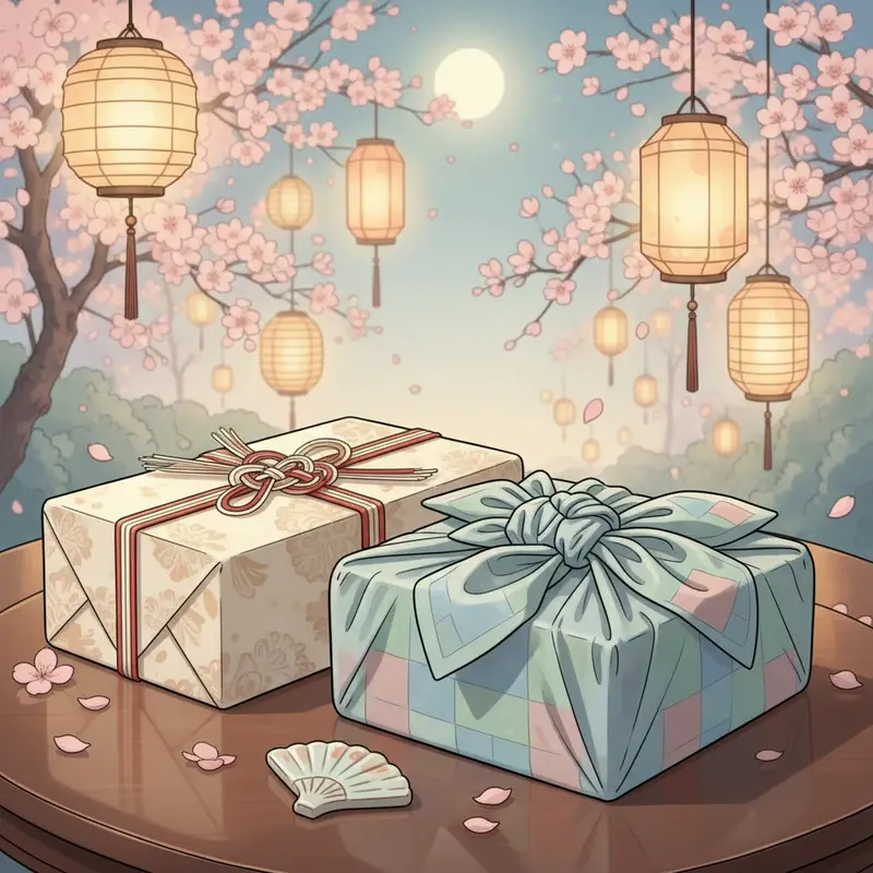 Quà tặng gói phong cách Nhật và Hàn bên hoa anh đào và lụa truyền thống.