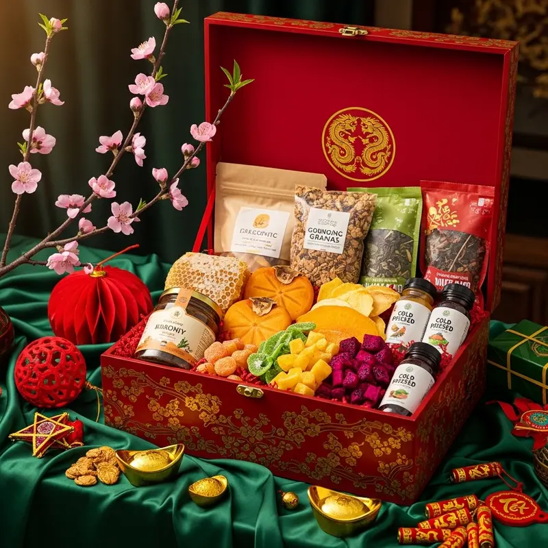 Hộp quà Tết healthy sang trọng, in logo thương hiệu nổi bật, giữa không gian hoa mai, bánh trái tươi ngon.