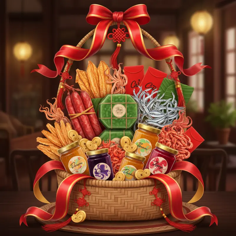 Phòng khách ngày Tết với giỏ quà nổi bật và không khí sum vầy ấm áp.