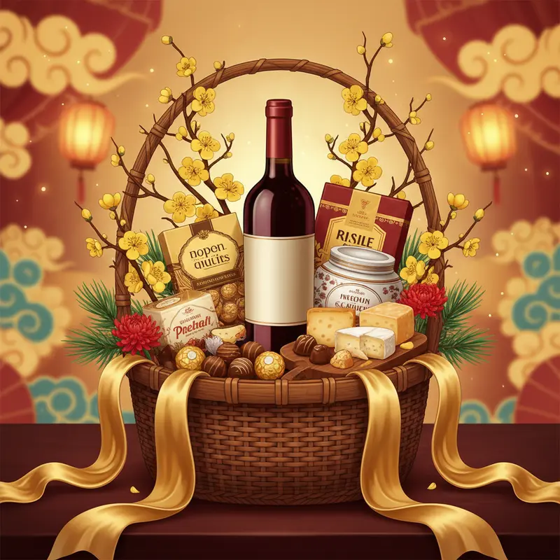 Phòng khách ngày Tết với giỏ quà nổi bật và không khí sum vầy ấm áp.