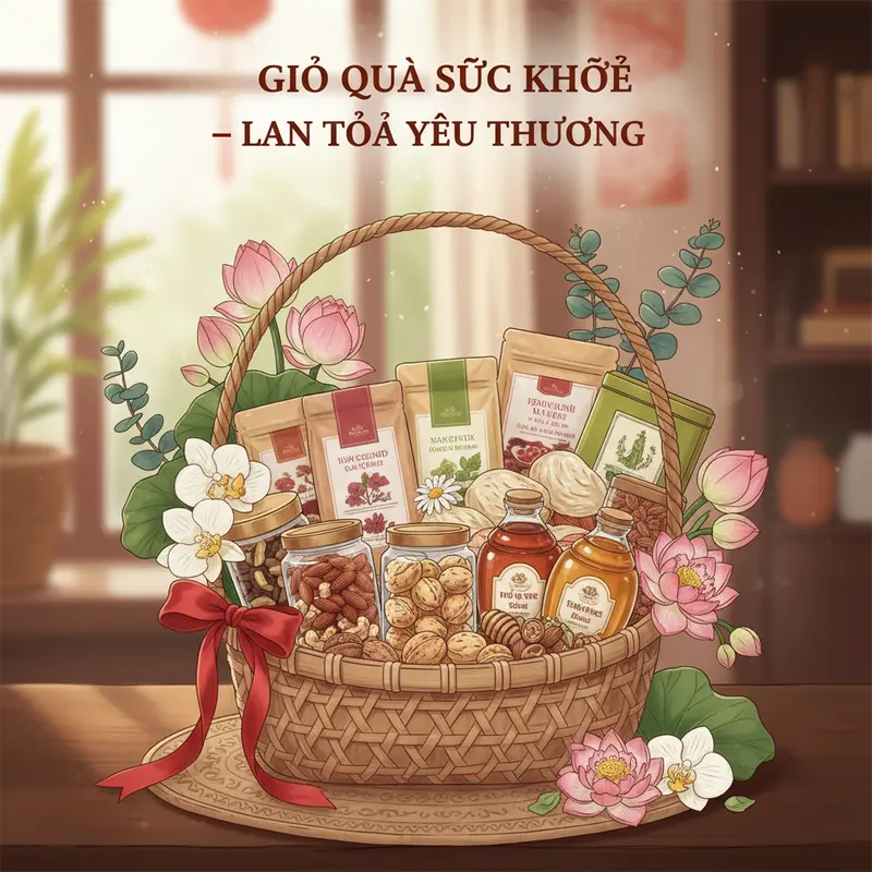 Phòng khách ngày Tết với giỏ quà nổi bật và không khí sum vầy ấm áp.