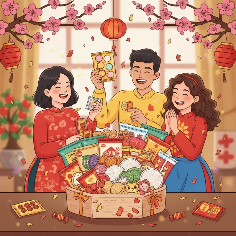 Giỏ quà Tết sang trọng với sắc đỏ vàng truyền thống và thực phẩm hảo hạng.