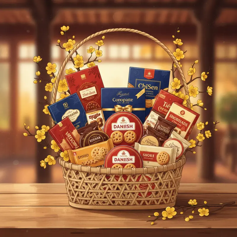 Giỏ quà Tết hiện đại với bánh kẹo nhập khẩu đa dạng.