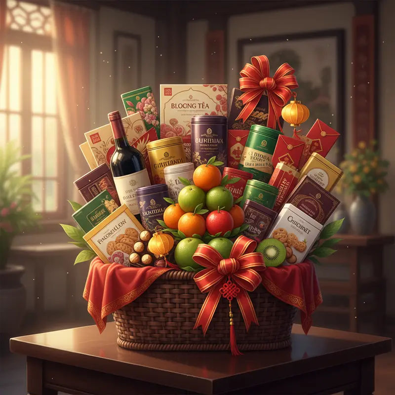Giỏ quà Tết bọc lụa chứa rượu, trà, bánh và trái cây, trang trí phụ kiện Tết trên bàn gỗ bóng.