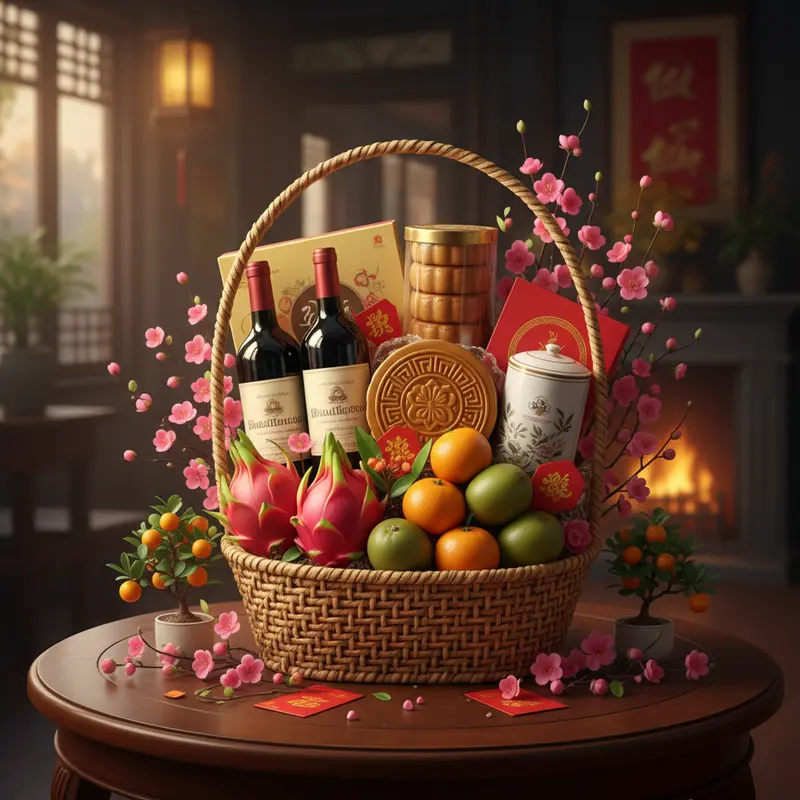 Giỏ quà Tết cao cấp với các sản phẩm thượng hạng, thể hiện sự kính trọng và biết ơn.