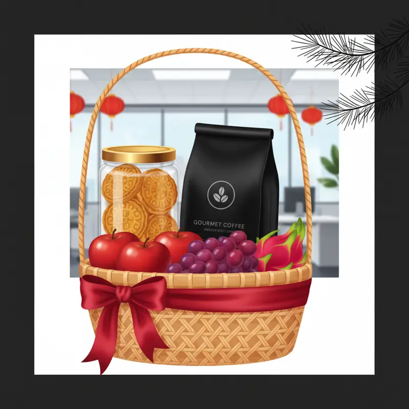 Giỏ quà Tết sang trọng với sắc đỏ vàng truyền thống và thực phẩm hảo hạng.