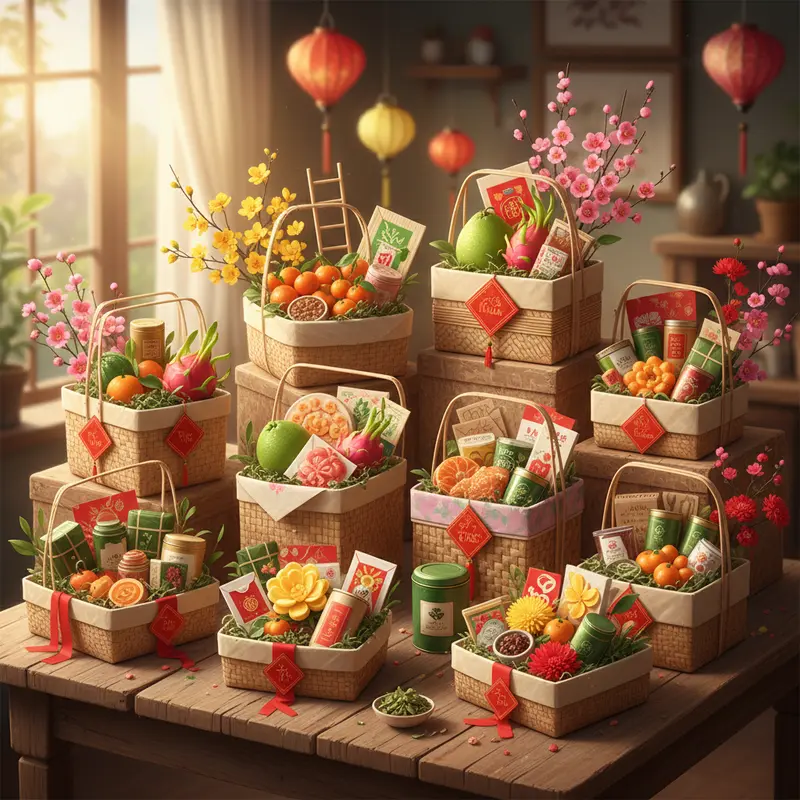 Nhiều giỏ quà Tết handmade hiện đại với hoa, trái cây, bánh kẹo và phụ kiện truyền thống trên bàn sáng đèn.