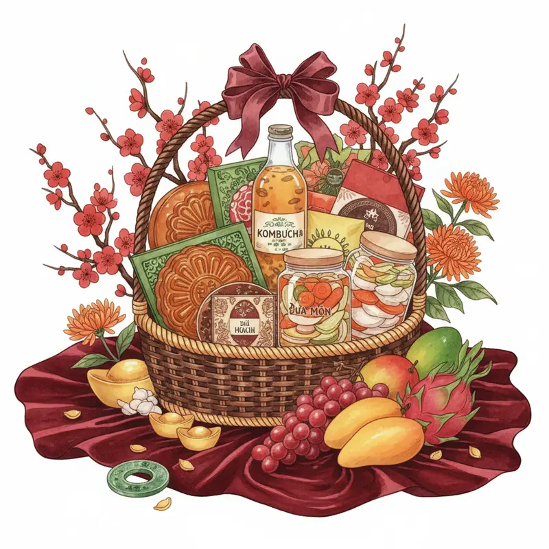 Bàn tiệc Tết cùng dưa món và kombucha bổ trợ tiêu hóa.