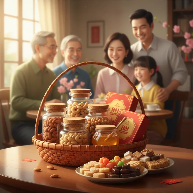 Giỏ quà Tết sang trọng với sắc đỏ vàng truyền thống và thực phẩm hảo hạng.