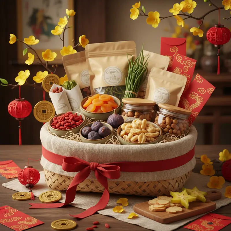 Giỏ quà Tết hữu cơ với các sản phẩm tự nhiên, đóng gói thân thiện môi trường.