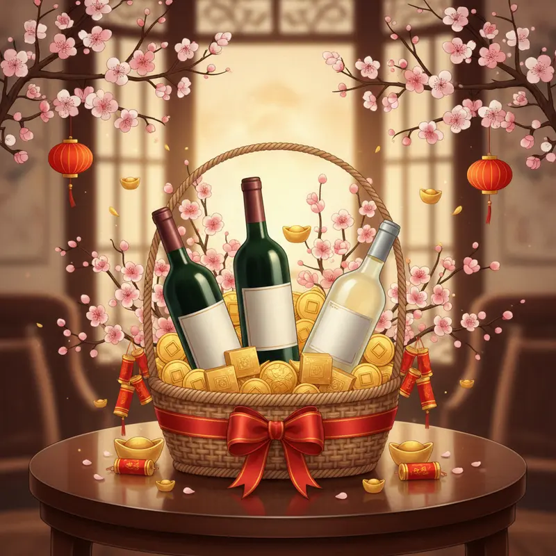 Giỏ quà Tết sang trọng với rượu vang đỏ, vang trắng và hoa đào.