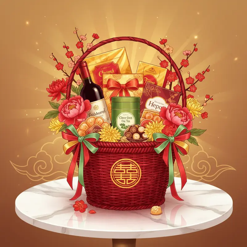 Giỏ quà Tết sang trọng với bánh, trà, rượu, nơ lụa và hoa, bày trên bàn trắng sáng, không có chữ.