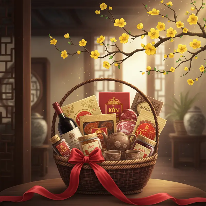 Giỏ quà Tết sang trọng với nhiều sản phẩm cao cấp, hoa mai vàng, trong không gian tràn ngập sắc xuân đầu năm.