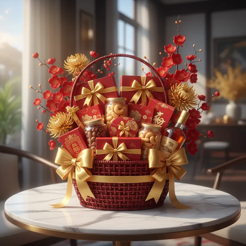 Giỏ quà Tết sang trọng bày trên bàn đá với hoa tươi, bánh kẹo và trang trí đỏ vàng ở Hà Nội