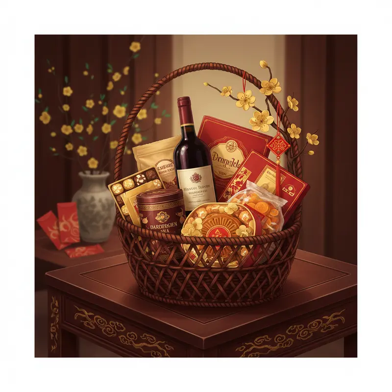 Giỏ quà Tết sang trọng với sắc đỏ vàng truyền thống và thực phẩm hảo hạng.