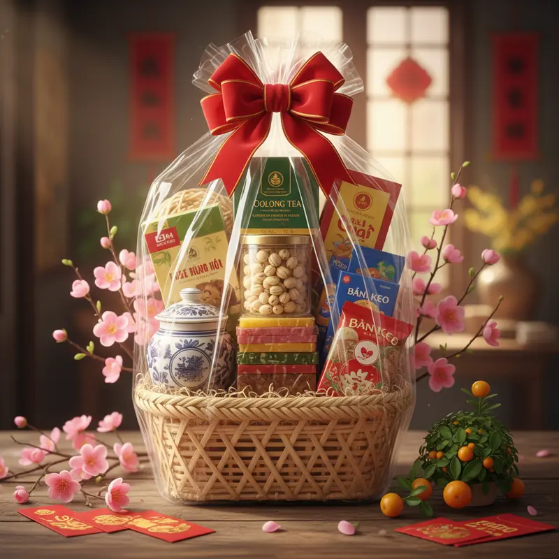 Giỏ quà Tết Việt Nam bọc giấy bóng kính, nơ đỏ, gồm bánh kẹo, mứt, trà, bên cạnh đào và lì xì.