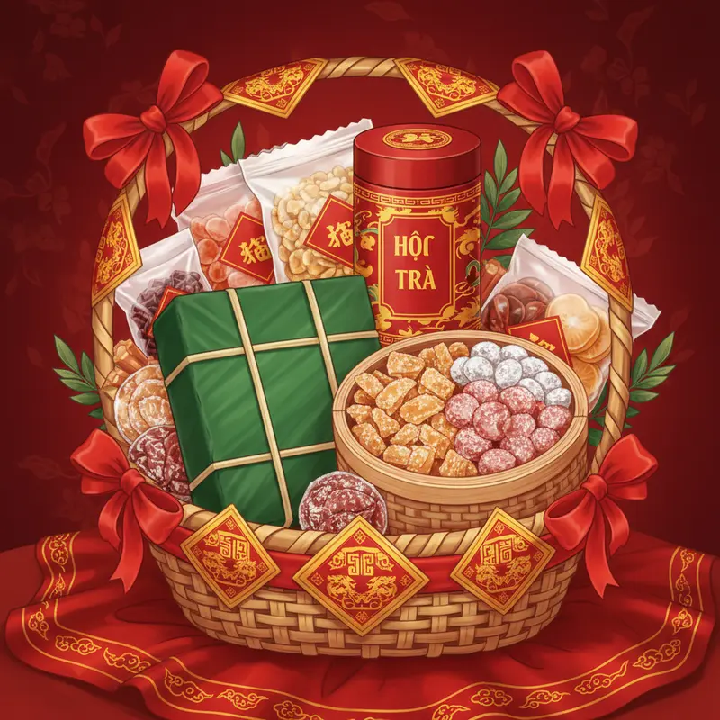 Phòng khách ngày Tết với giỏ quà nổi bật và không khí sum vầy ấm áp.