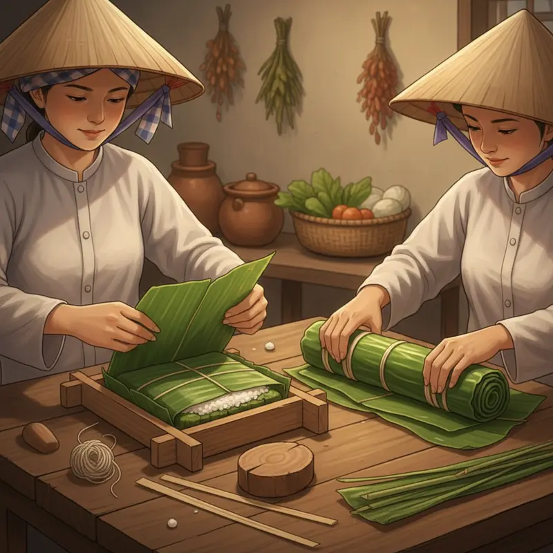 Gia đình sum vầy bên mâm cỗ Tết với bánh chưng và bánh tét