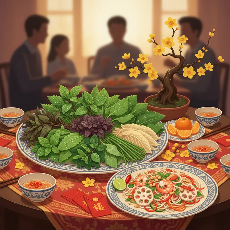 Mâm cơm ngày Tết với các món canh và ăn kèm giúp giải ngán, cân bằng bữa ăn.