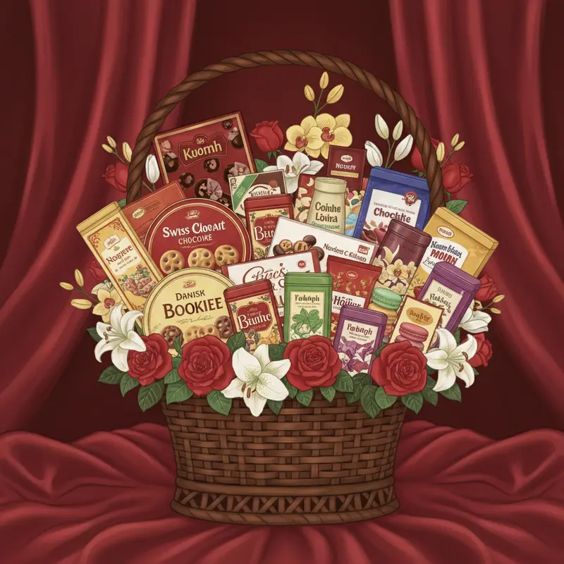 Giỏ quà Tết hiện đại với bánh kẹo nhập khẩu đa dạng.