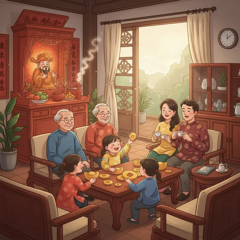 Bàn thờ Thần Tài truyền thống trong nhà người Việt ngày Vía Thần Tài.