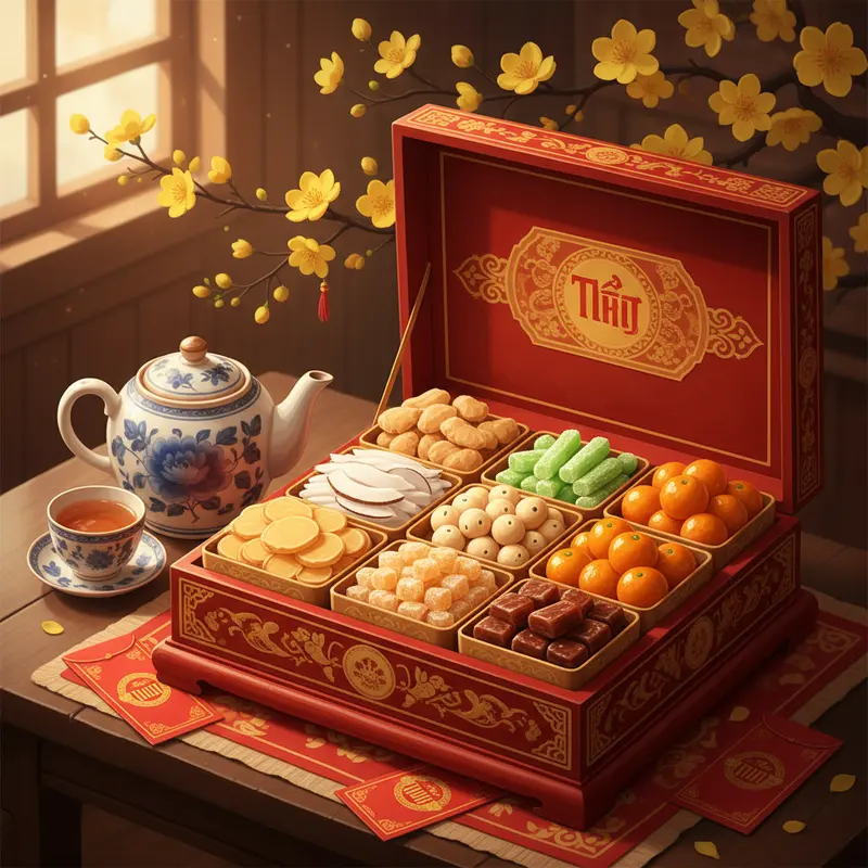 Hộp quà Tết bày đủ loại mứt truyền thống, bình trà và cành mai vàng dịp xuân.