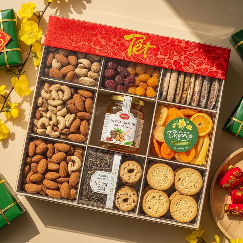 Một hộp quà Tết gồm hạt, trái cây sấy, mật ong, trà thảo mộc, bánh healthy, trang trí hoa mai vàng.