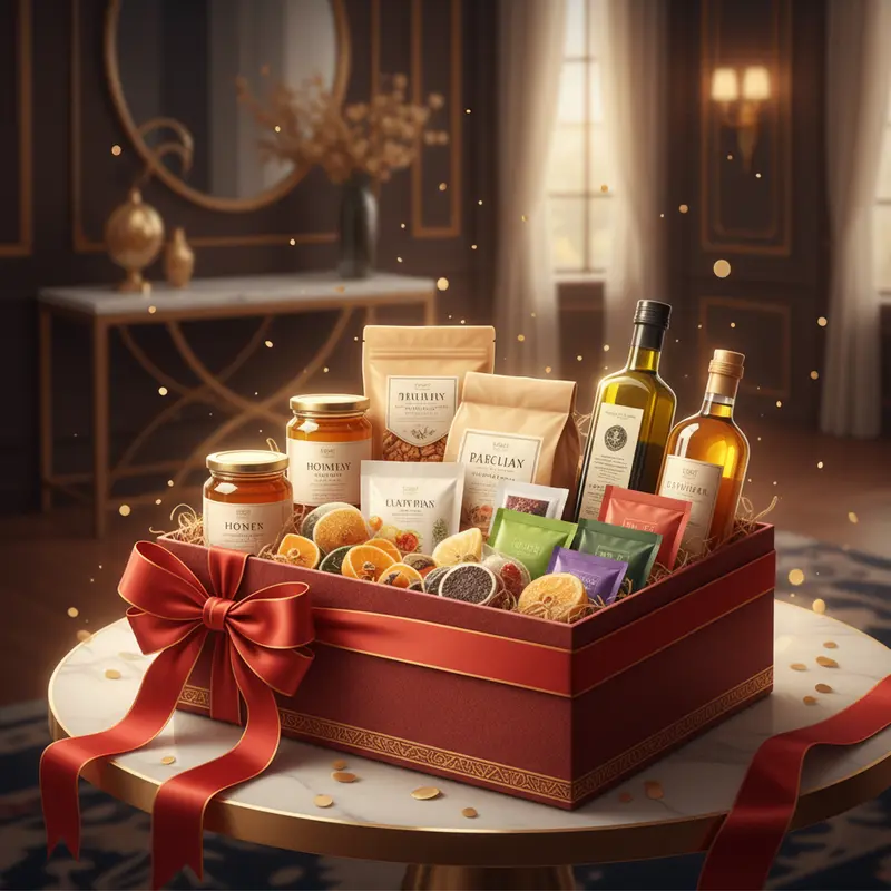 Hộp quà Tết nhập khẩu chứa các sản phẩm healthy, bày trong không gian sang trọng với ánh sáng ấm áp.