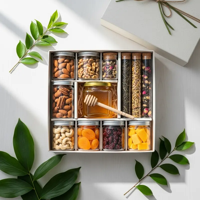 Hộp quà Tết truyền thống với bánh mứt, trà, rượu mang đậm sắc xuân.