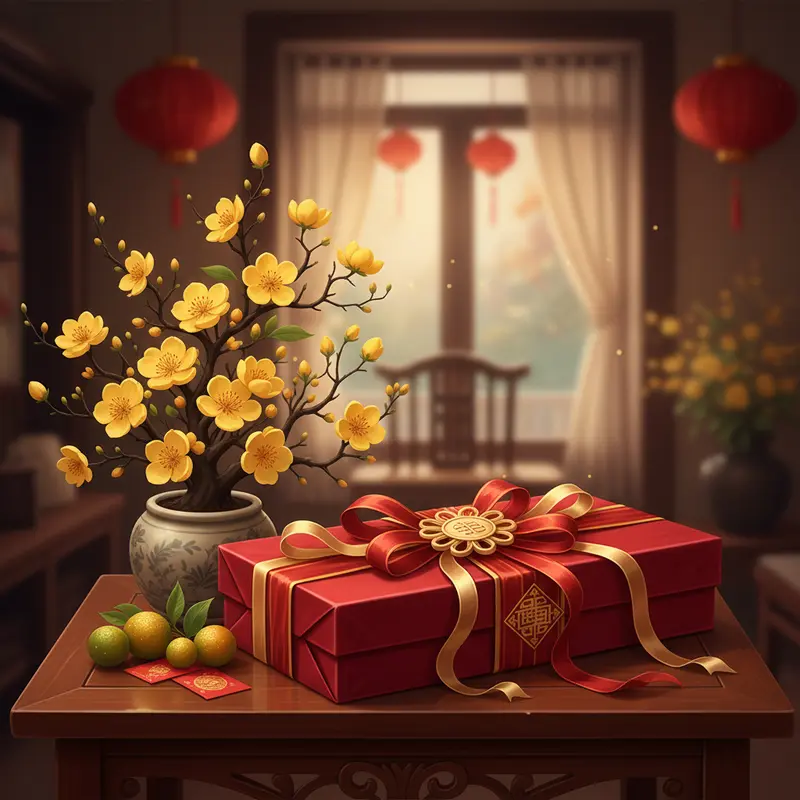 Cận cảnh hộp quà Tết cao cấp buộc nơ đỏ vàng trên bàn gỗ, cạnh chậu mai nở rộ tạo cảm giác lễ hội và đẳng cấp.