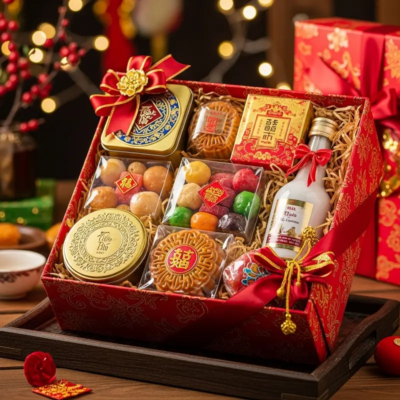 Hộp quà Tết truyền thống với bánh mứt, trà, rượu mang đậm sắc xuân.