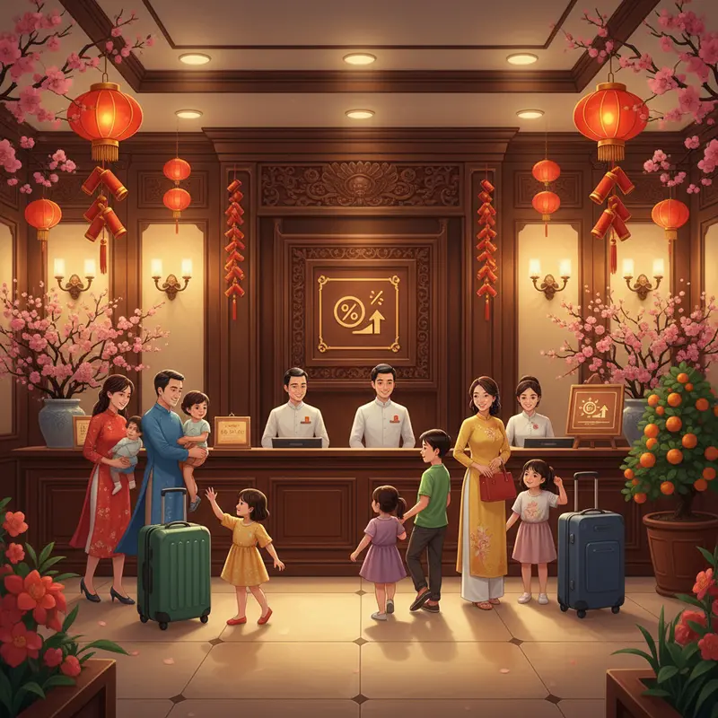 Quầy lễ tân khách sạn trang trí Tết cùng bảng báo giá phụ phí ngày lễ.