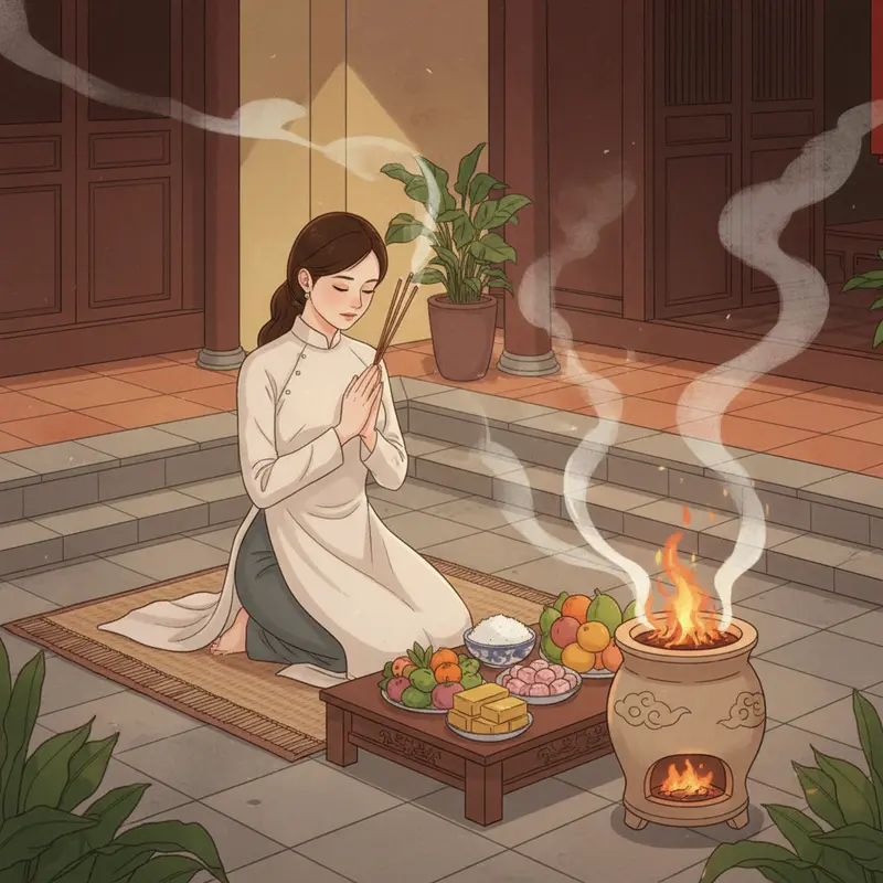 Gia đình Việt sum họp chuẩn bị hóa vàng những ngày đầu năm mới.