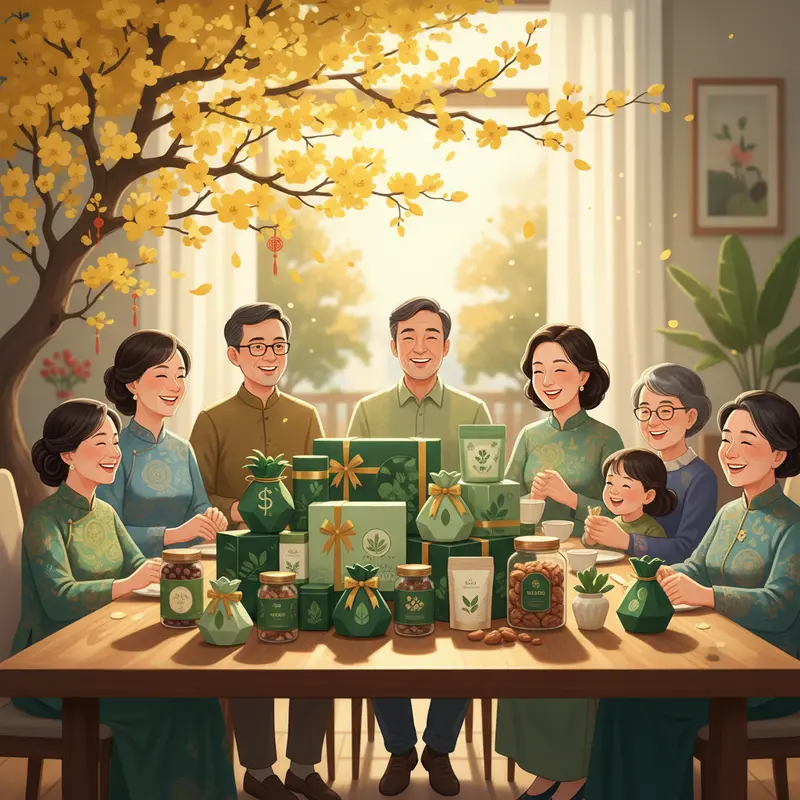 Khung cảnh sum họp bên bàn quà Tết xanh, ánh sáng rực rỡ và hoa mai vàng.