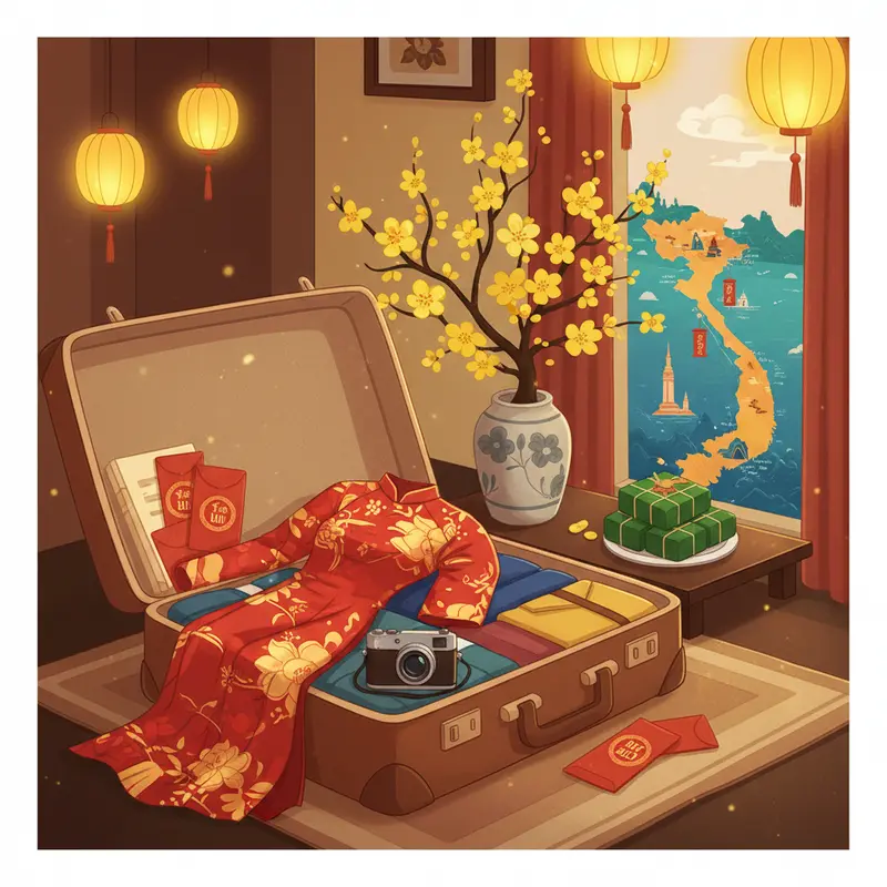 Vali chứa trang phục và vật dụng du lịch Tết bên cạnh hoa mai, bánh chưng, biểu trưng không khí đoàn viên.