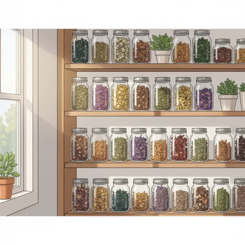 Hình ảnh trà thảo mộc được bảo quản đúng cách trong lọ thủy tinh và môi trường khô ráo.