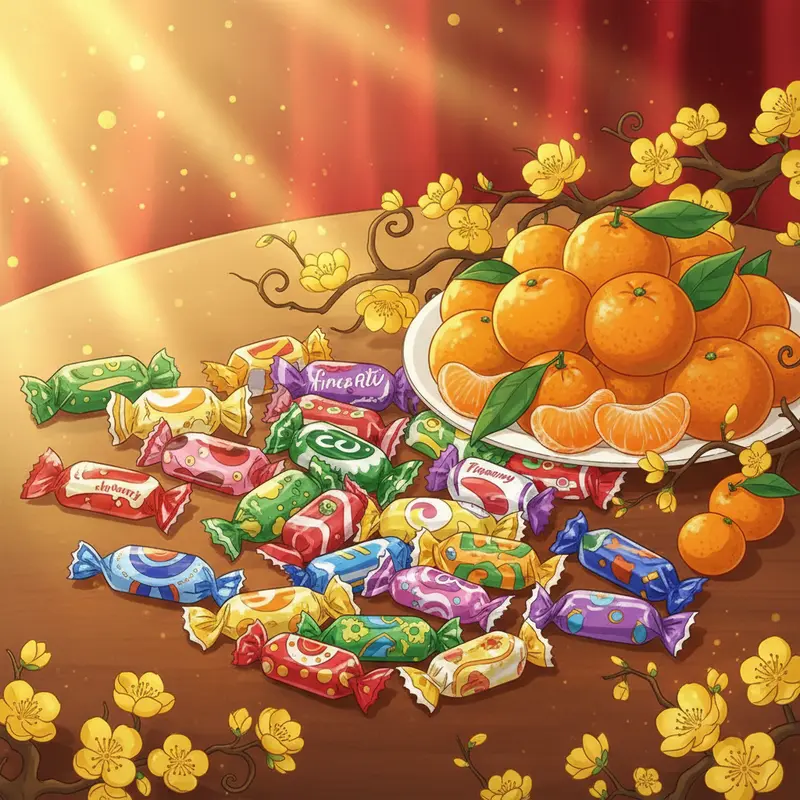 Giỏ quà Tết hiện đại với bánh kẹo nhập khẩu đa dạng.