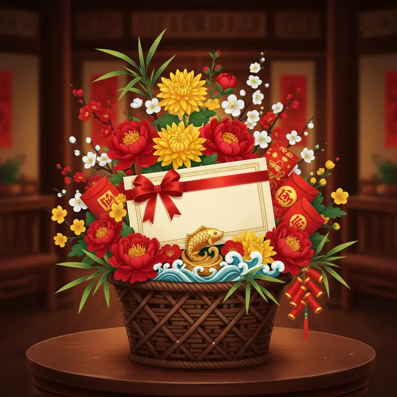 Giỏ quà Tết sang trọng cùng thiệp và lời chúc mang ý nghĩa gắn kết.