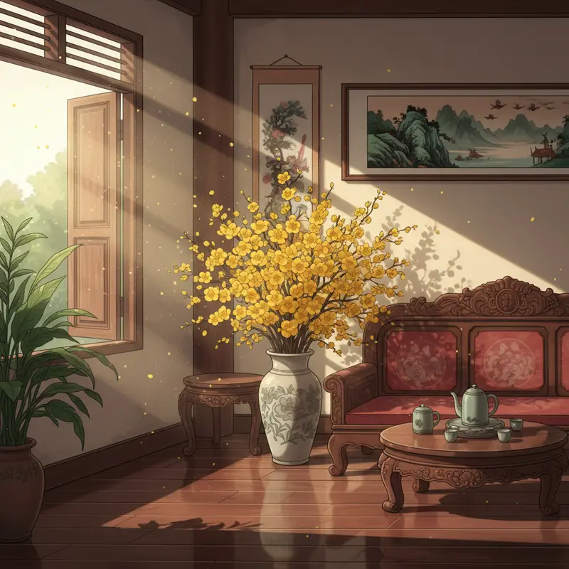 Phòng khách sạch sẽ và tươm tất ngày đầu năm, không có các dụng cụ quét dọn.