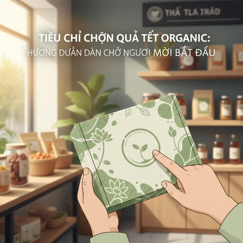 Giỏ quà Tết hữu cơ với các sản phẩm tự nhiên, đóng gói thân thiện môi trường.