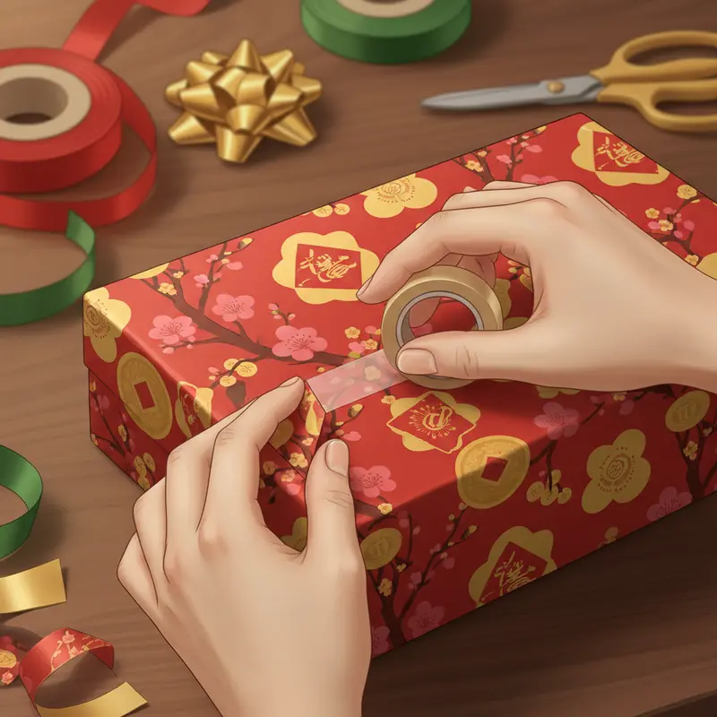 Bàn chuẩn bị nguyên liệu gói quà Tết với ruy băng, nơ vải, giấy gói, kéo, và phụ kiện trang trí.